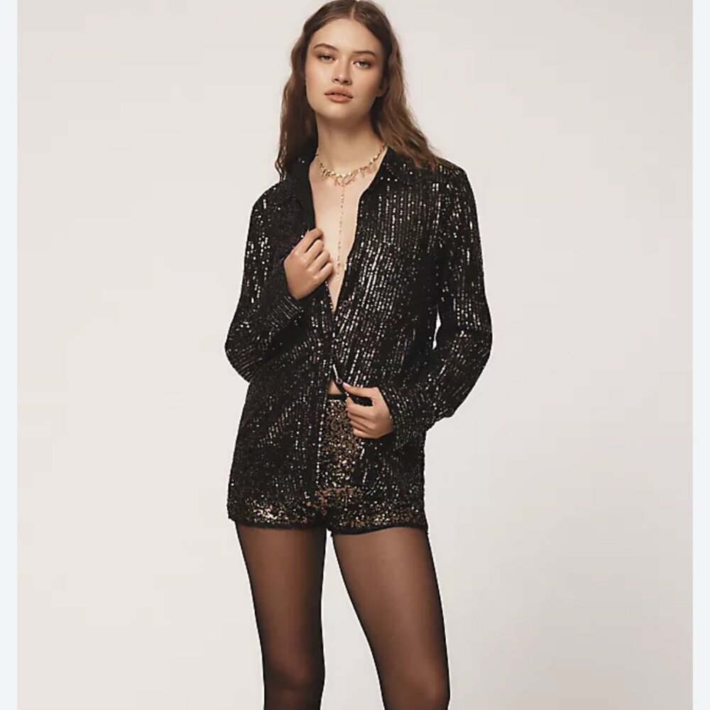ANTHROPOLOGIE The Remie Sequin Black Buttondown Shirt Top Size M NEW WITH TAG
